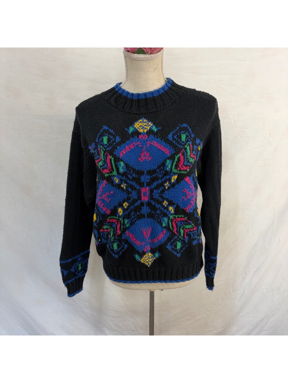 Geometric neon & black hand knit Liz sweater size petite
